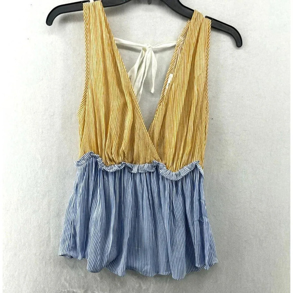 BP Blouse Women XS Yellow Blue Colorblock V-Neck Striped Peplum Pleated Tie Back - Picture 1 of 11